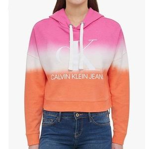 Calvin Klein Pink Orange Tiedye Cropped Pullover Hoodie Small